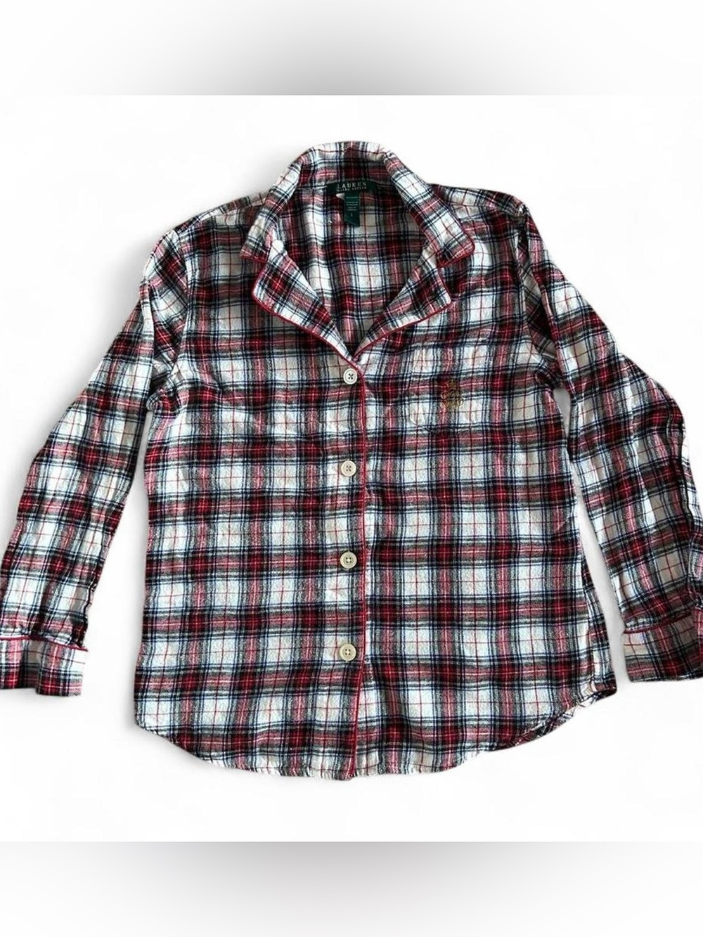 Ralph Lauren Pajama Top Womens L Large Red Plaid Long Sleeves Sleepwear Shirt